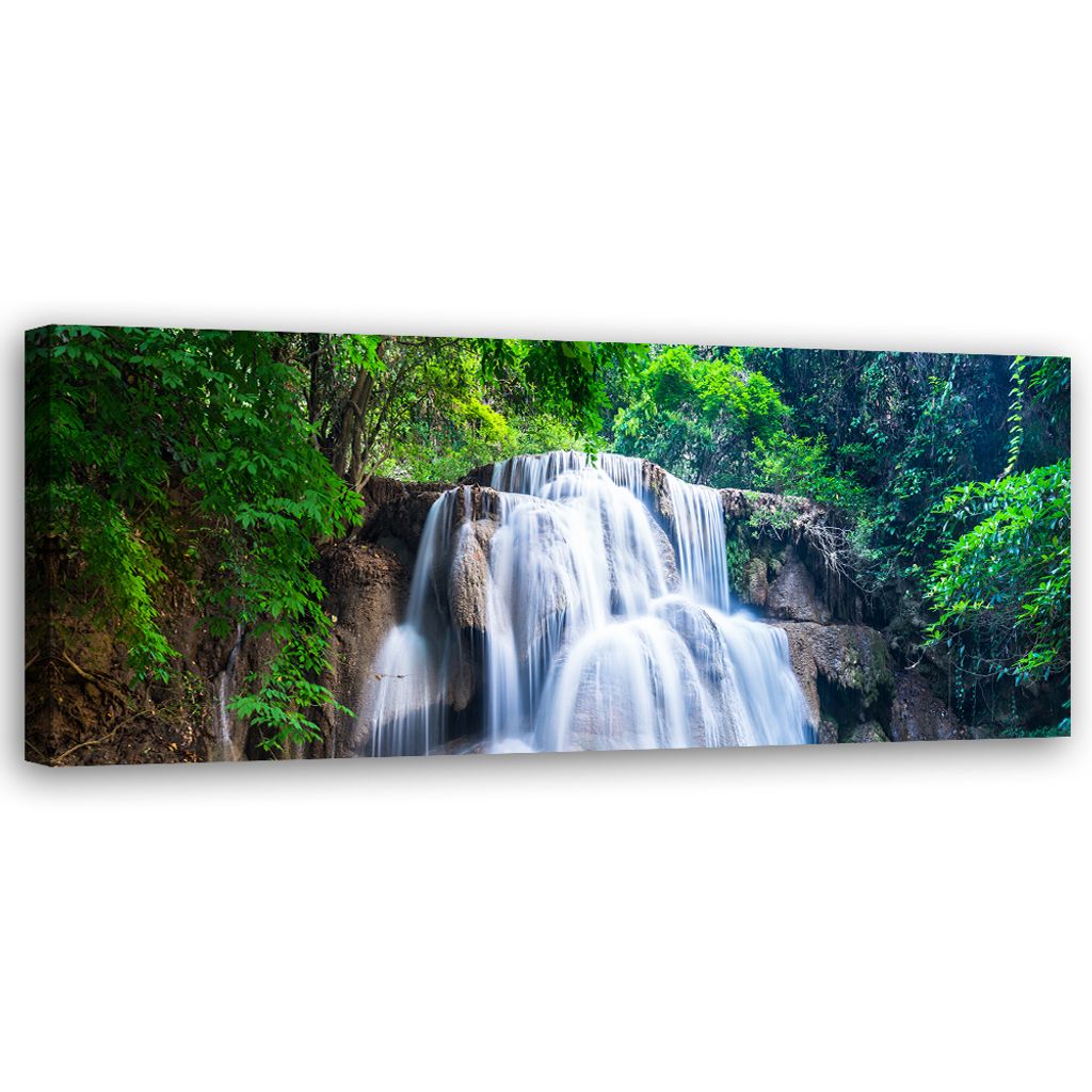Leinwandbild Wasserfall Natur Grün 150x50 Feeby Grün bild für die wand bereit zum aufhängen
