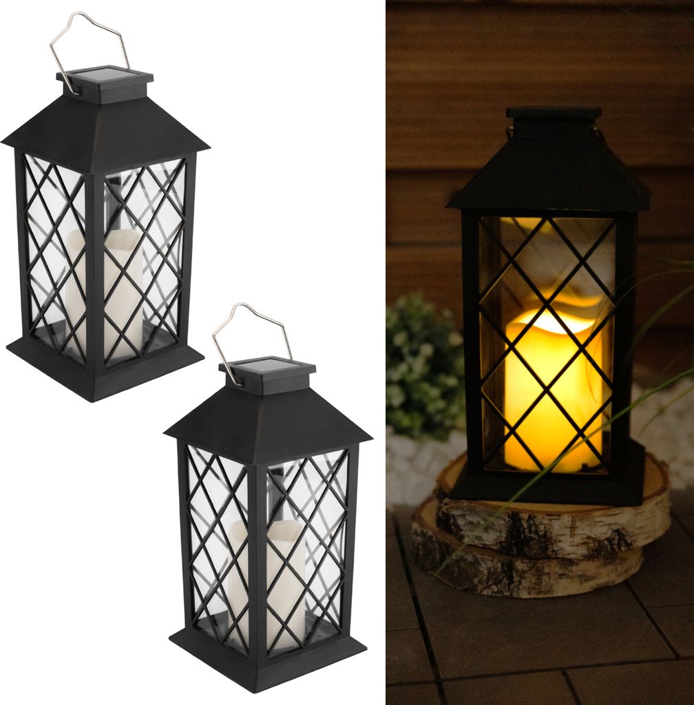LUMILED 2x Set Solarlaterne Außen Solar Laternen Draußen LED Glas Laterne Solarleuchte Kerze Flammeneffekte Kerzenlaterne IP44 Vintage schwarz H...