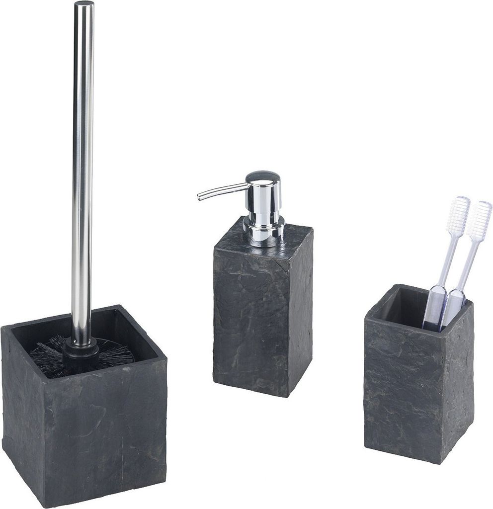 3 Tlg WENKO Bad-Accessoire-Set Slate Rock Schiefer Optik (Zahnputzbecher, Seifenspender, WC- Garnitur)