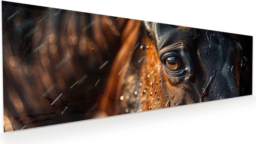 Glasbild 120x40cm in XXL für Wohnzimmer, Schlafzimmer Motiv Pferdeauge im Regen