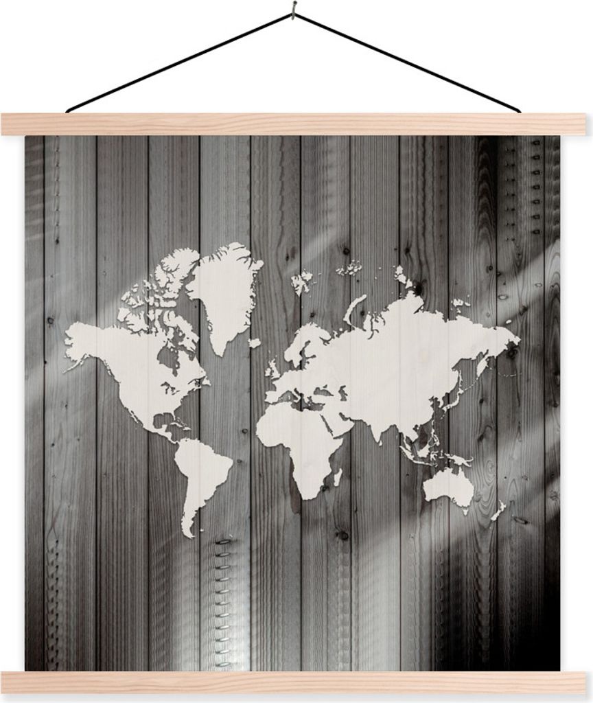 MuchoWow Textilposter Weltkarte - Holz - Schwarz - Weiß 120x120 cm mit holzfarbenen Rahmen - Textil-Poster