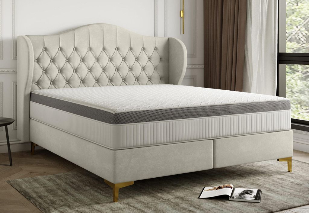 Kaiser Möbel Massives Bett mit Taschenmatratze und Kokosnuss LEGEND in schönem Whisper-Stoff Creme 160x200 cm