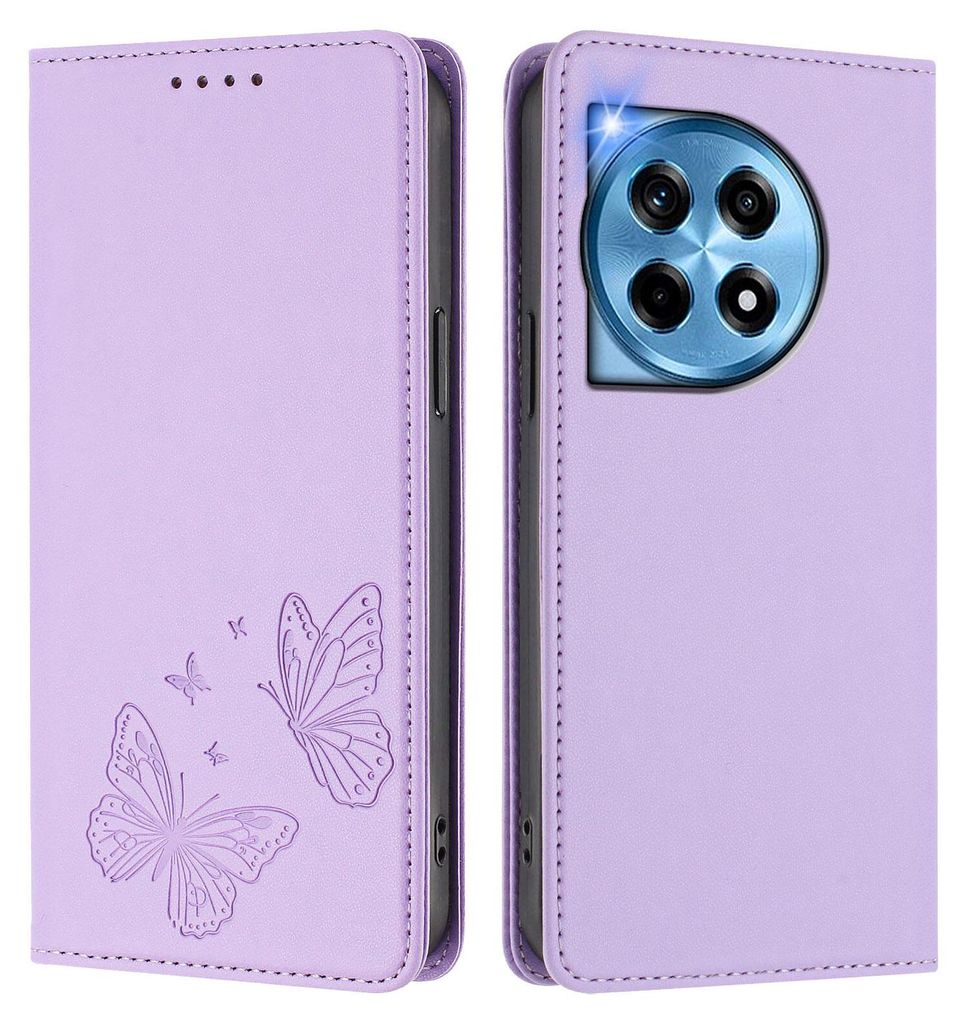 Lederhülle für OnePlus 12R, Schmetterling Prägung Leder Brieftasche Schutzhülle mit Ständer Violett