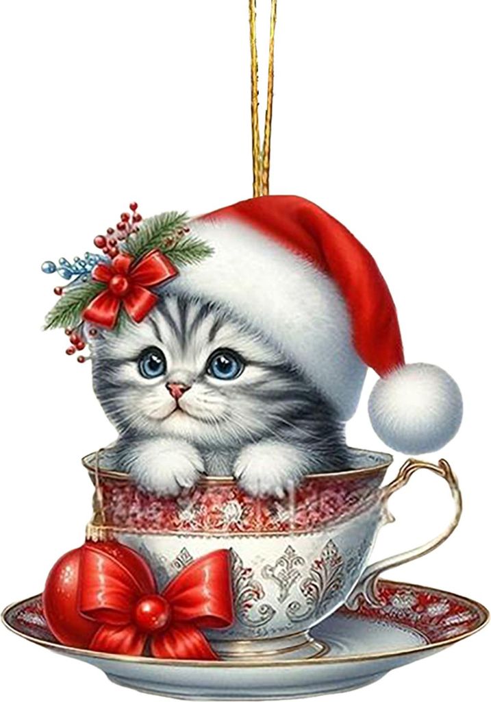 Acryl-Teetassen-Katzen-Hängeornamente, niedliche Cartoon-Katze, Weihnachtsbaumschmuck, 2D-flacher Auto-Spiegel-Anhänger für die Weihnachtsbaumde...