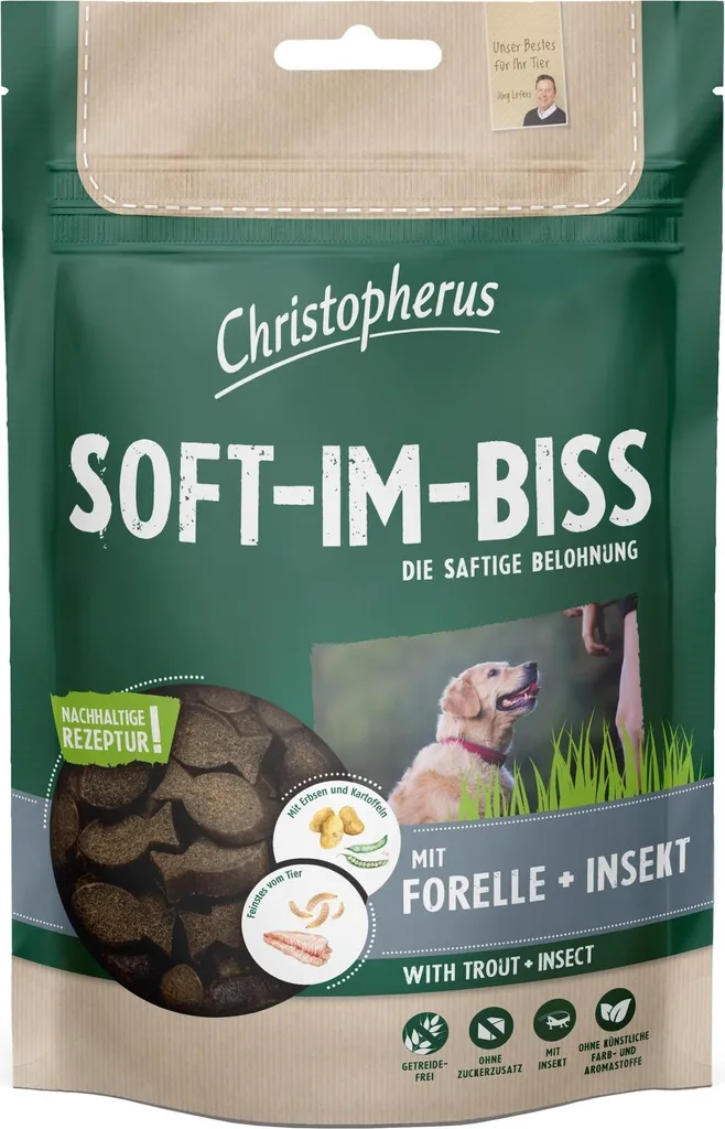 Snack Chien sans Céréales Truite & Insecte Christopherus Soft 125g
