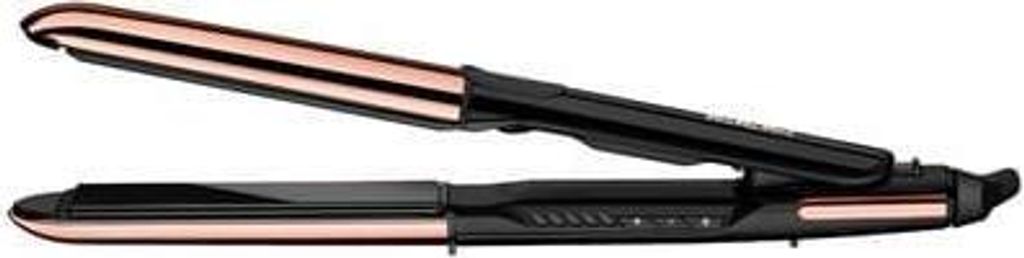 A black and rose gold hair straightener is shown against a white background.