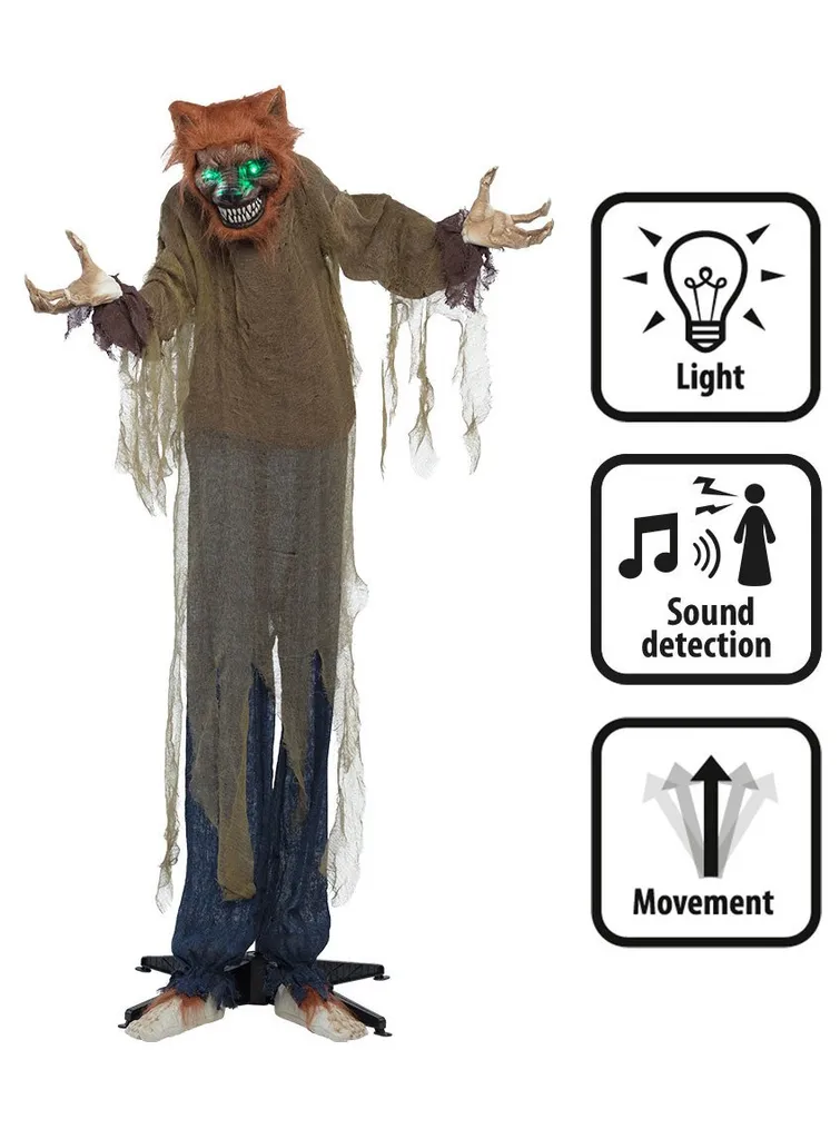 Grand loup animé 160 cm décoration Halloween réaliste avec sons et LED