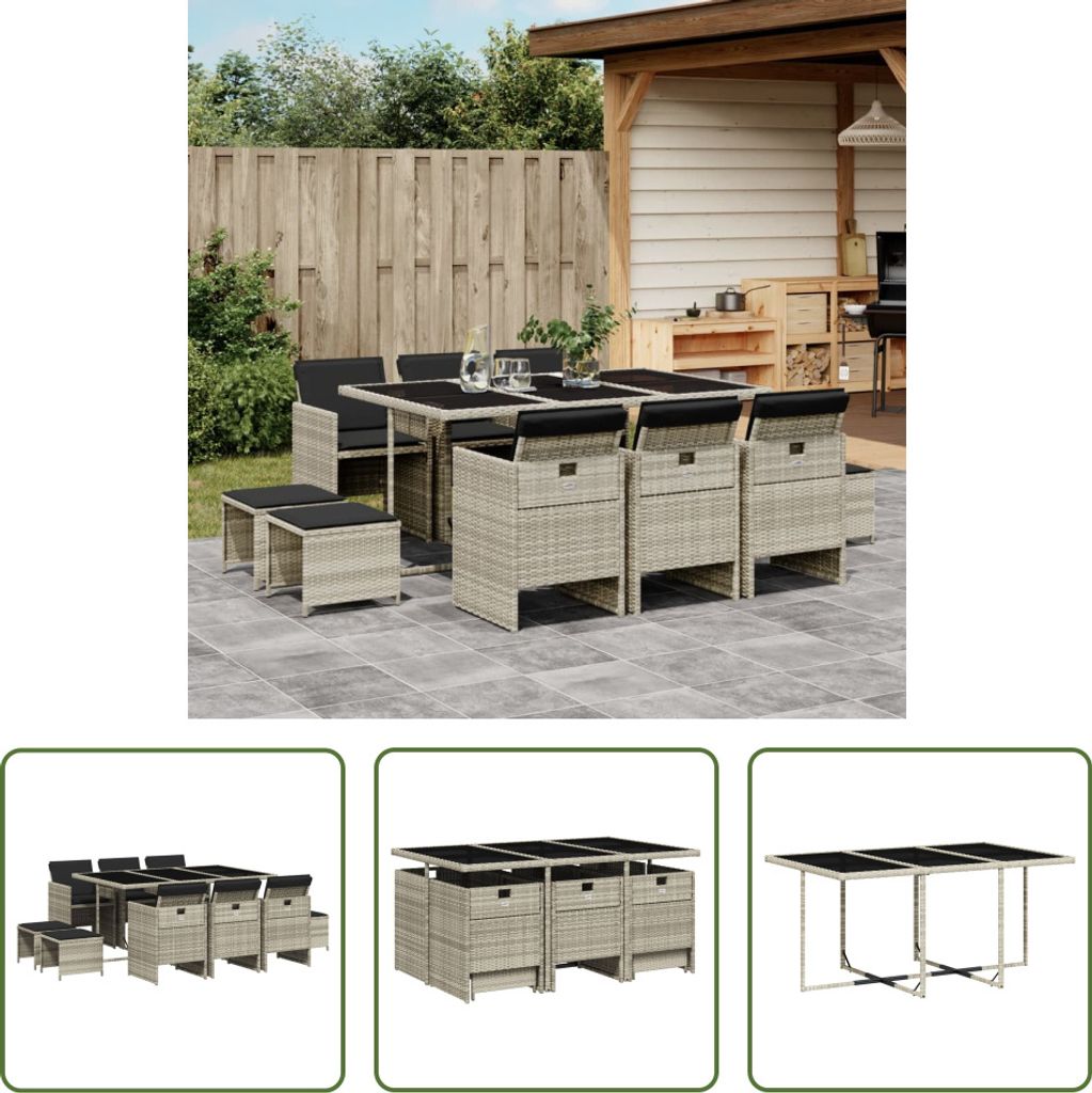 The Living Store 11-tlg. Garten-Essgruppe mit Kissen Hellgrau Poly Rattan