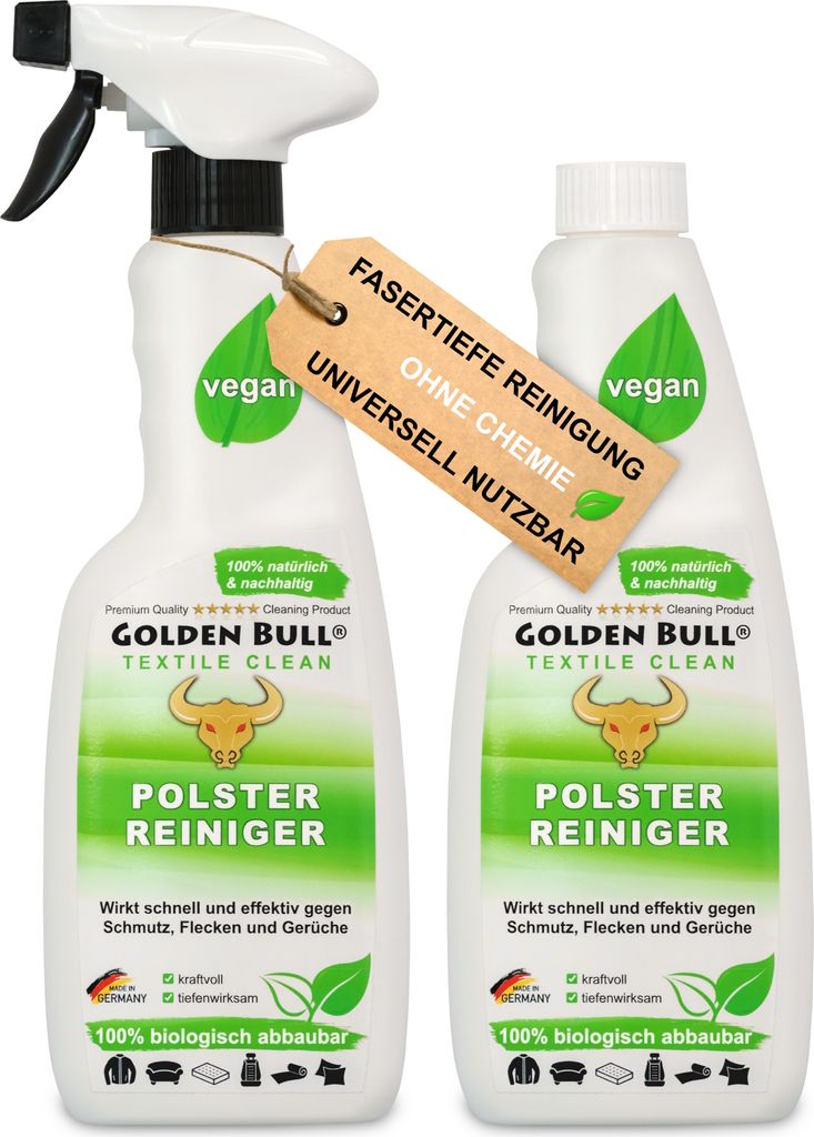 Golden Bull Polsterreiniger 2x500ml - Natürlicher Polster Reiniger & Fleckenentferner für Auto, Sofa, Couch und Polstermöbel