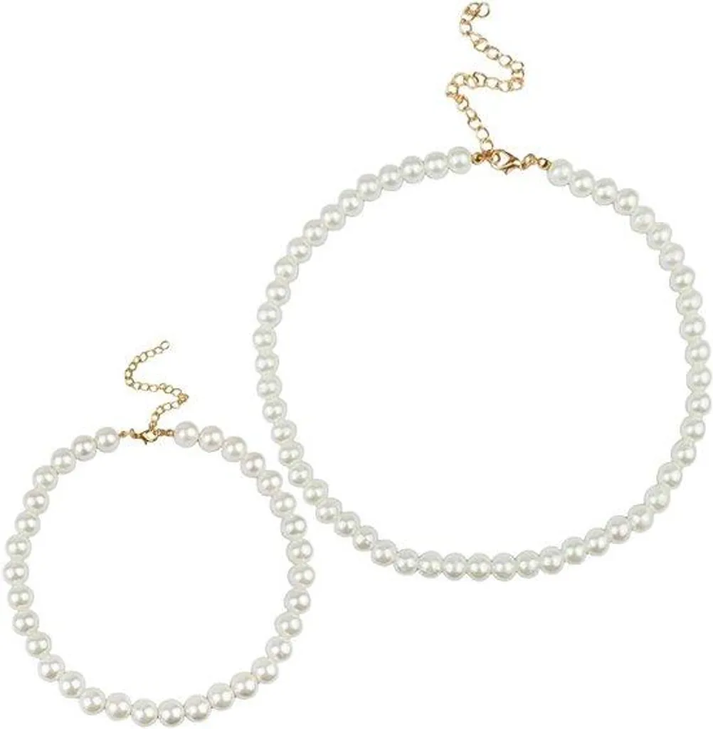 Bracelet de perles style vintage blanc ajustable 34-41 cm pour femme