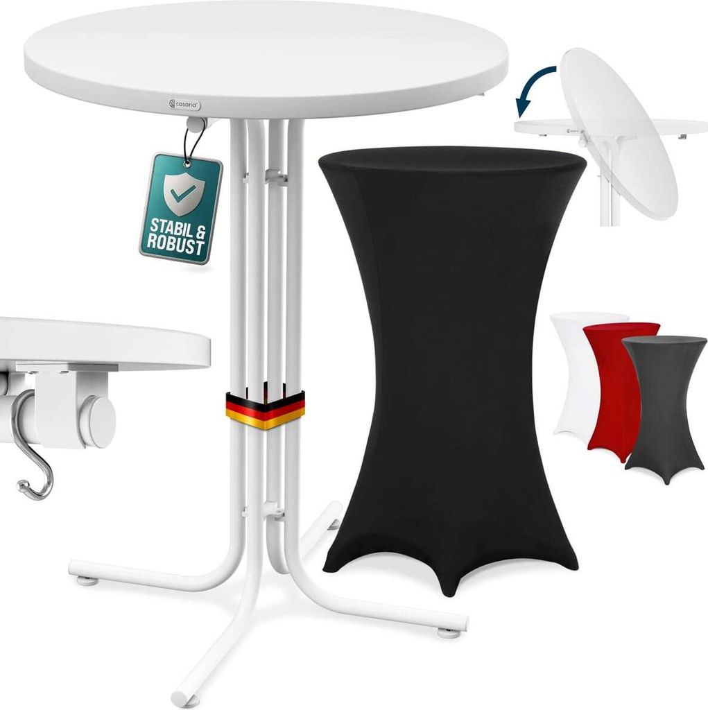 CASARIA Stehtisch mit Husse 70 cm Klappbar Schwarz Rund Holz Metall Pulverbeschichtet Wetterfest Hoch Set Bistrotisch Bartisch Garten Party Tisch