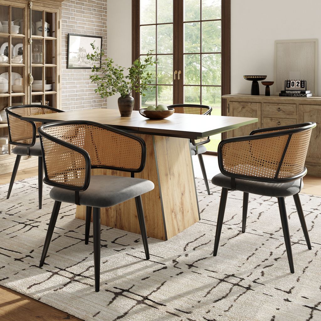 Flieks Esszimmerstühle 4er-Set, Stuhl Essstühle mit Rattan-Rückenlehne, Küchenstuhl Polsterstuhl, Sitzkissen aus Samt, schwarz