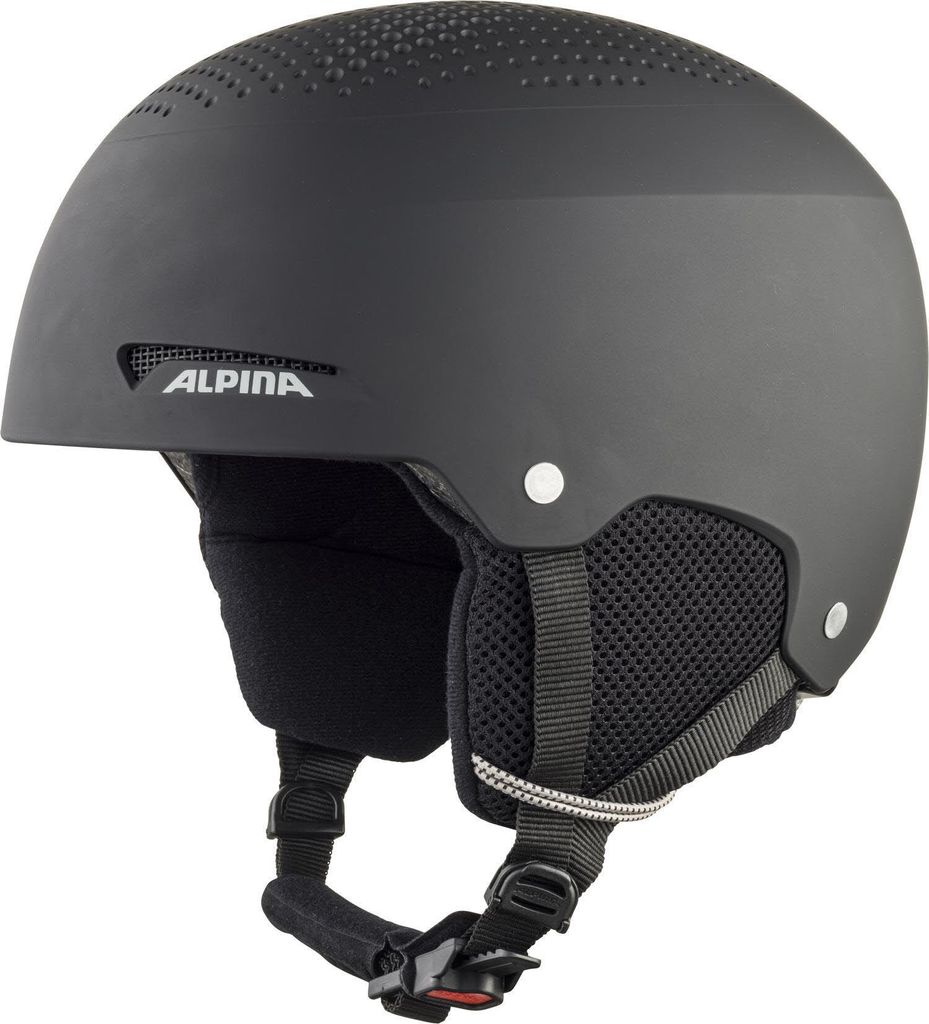 A black Alpina Zupo ski helmet is shown against a white background.