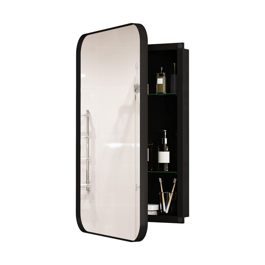 FORSMANO Stylischer Rechteck-Spiegelschrank, Wandregal mit Metallrahmen und verstellbaren Regalen, Spiegel mit Stauraum, für Bad, Schwarz