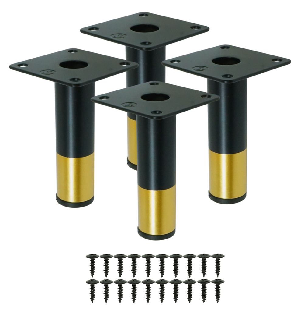 Stahl Möbelbeine rund 9,6 cm, Set mit Schrauben, mattschwarz + gold, 4 Stück