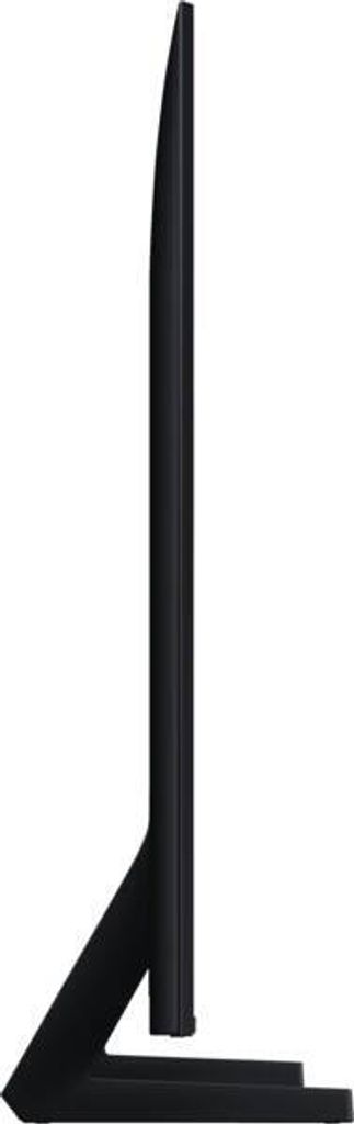 A side profile view of a black Samsung QLED smart TV on a stand, against a white background.