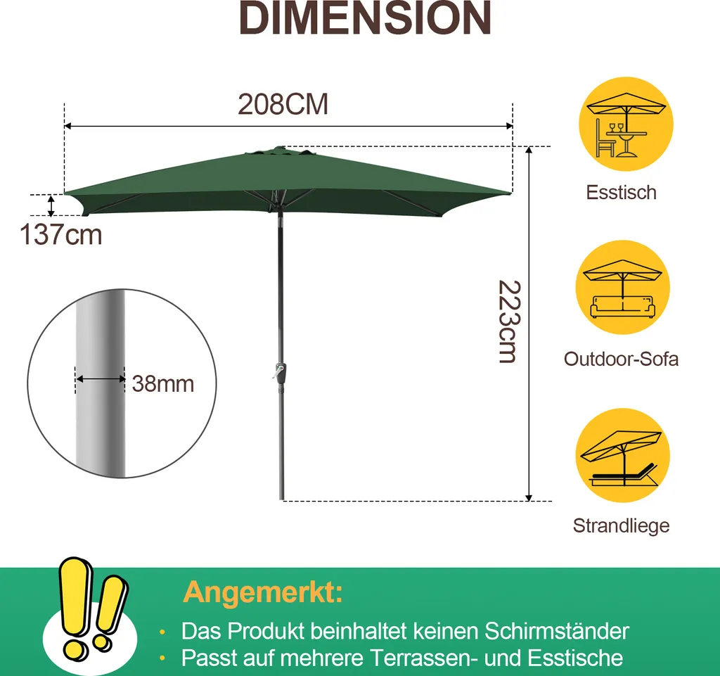 Ombrellone rettangolare Bettizia Ombrellone da balcone Ø210x140cm Verde Pieghevole su entrambi i lati di 30° con manovella Ombrellone da mercato Ombrellone da terrazza Protezione solare Ombrellone da giardino - 2