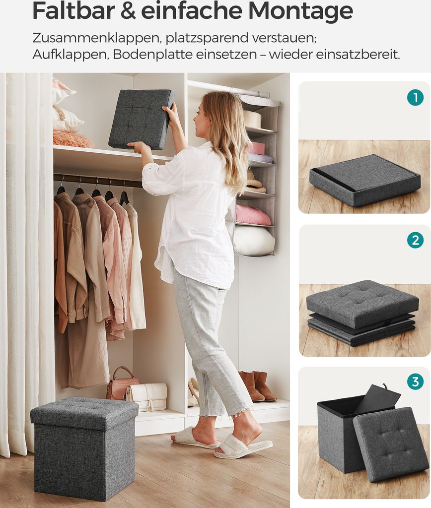 SONGMICS 30 cm Sitzbank mit Stauraum, klappbare Sitztruhe, Produktbild 6
