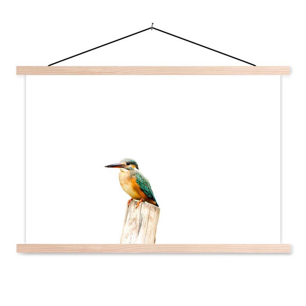 MuchoWow Textilposter Eisvogel - Federn - Pfahl 60x40 cm mit holzfarbenen Rahmen - Bilder