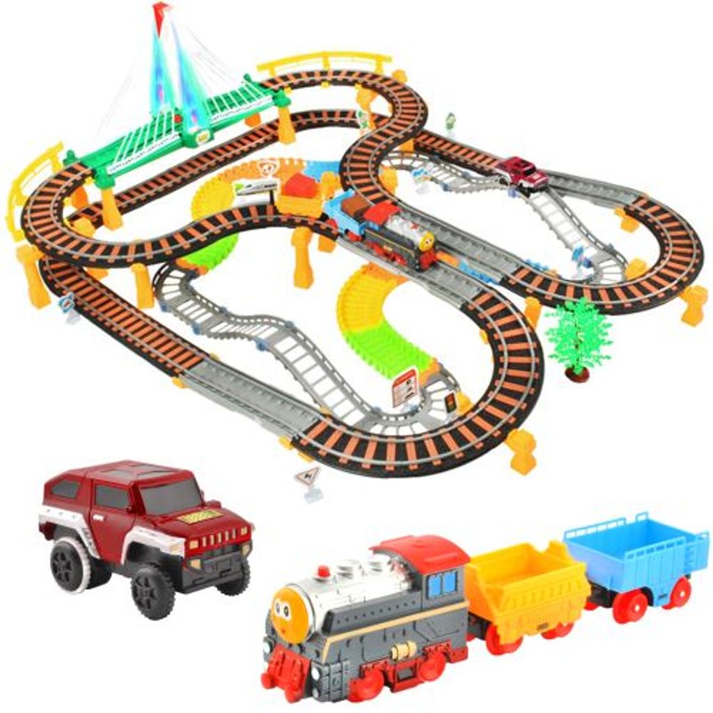 Kinder Spielzeug Auto Rennbahn Eisenbahn Lok Waggons Batteriebetrieben 192 Teile 