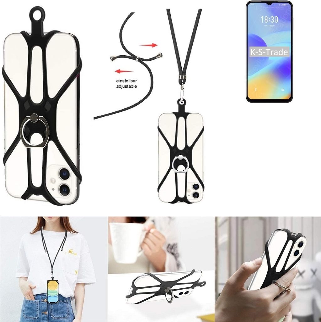 K-S-Trade 3in1 Handykette Handyband Handykordel Halsband Smartphone-Ring Handy-Ring kompatibel mit Meizu M10 Fingerhalterung Handyring Tischständer