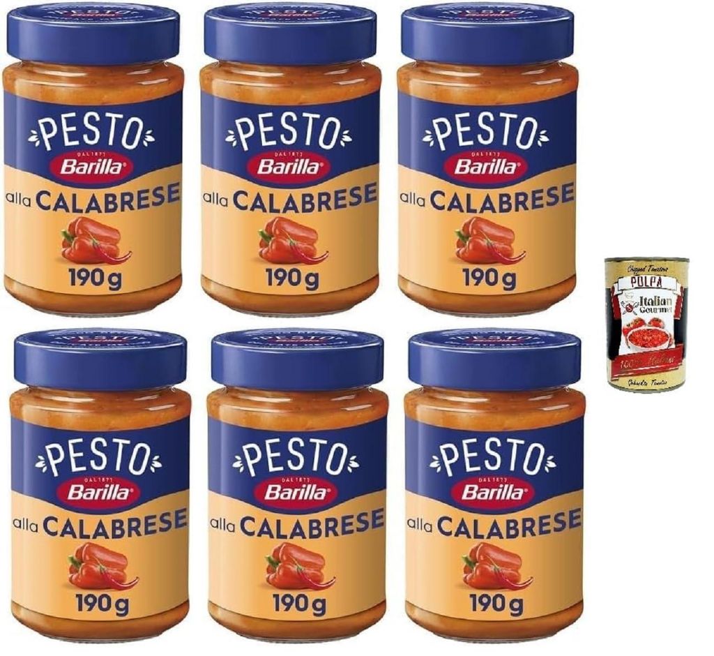 Barilla Pesto alla Calabrese, Italienische Pasta-Sauce mit Paprika, Ricotta und Pecorino Romano, Glutenfrei, 190g, 6er Pack, + Italian Gourmet polp...