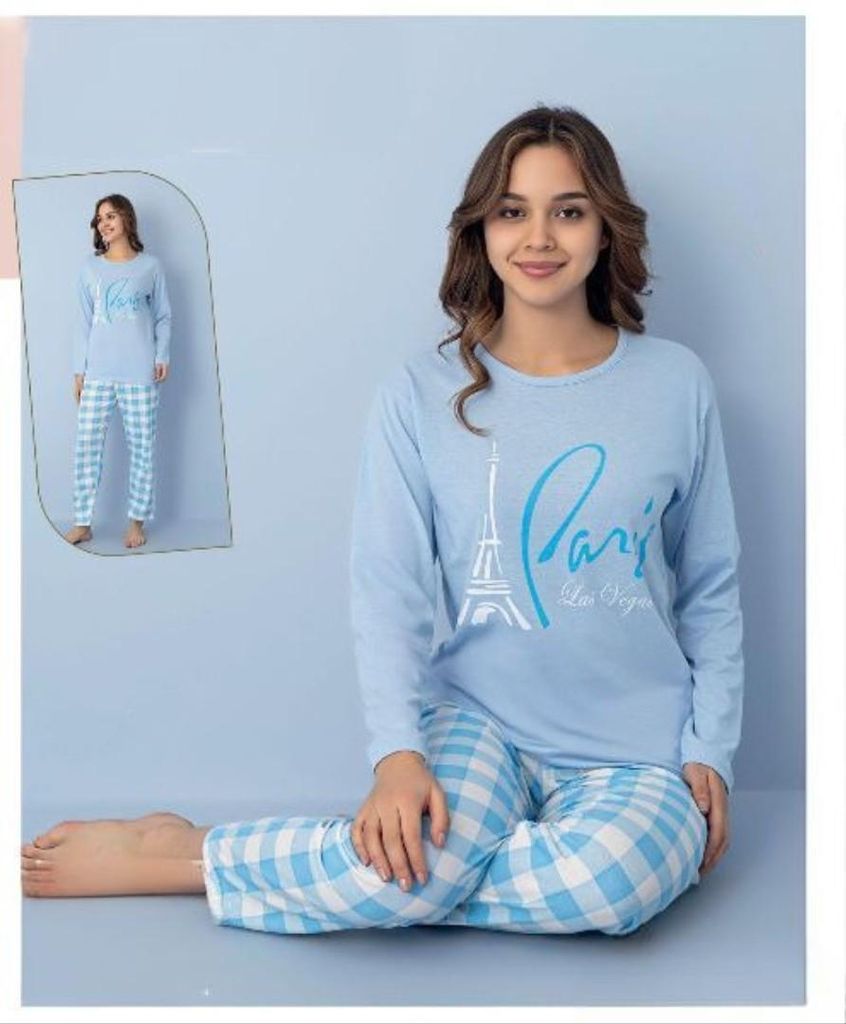 Damen Pyjama Schlafanzug Blau XXL Lang 2-Teiler Set C-62 Produktbild 