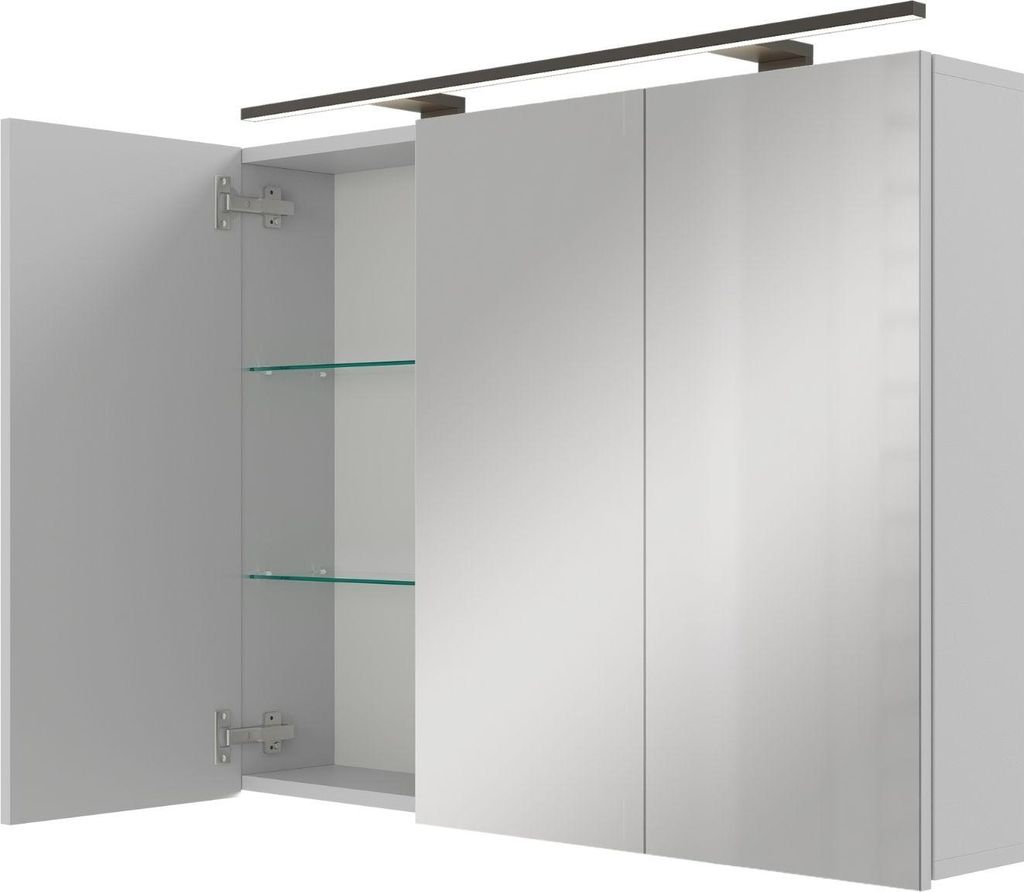 A modern bathroom cabinet with mirrored doors and an integrated light.