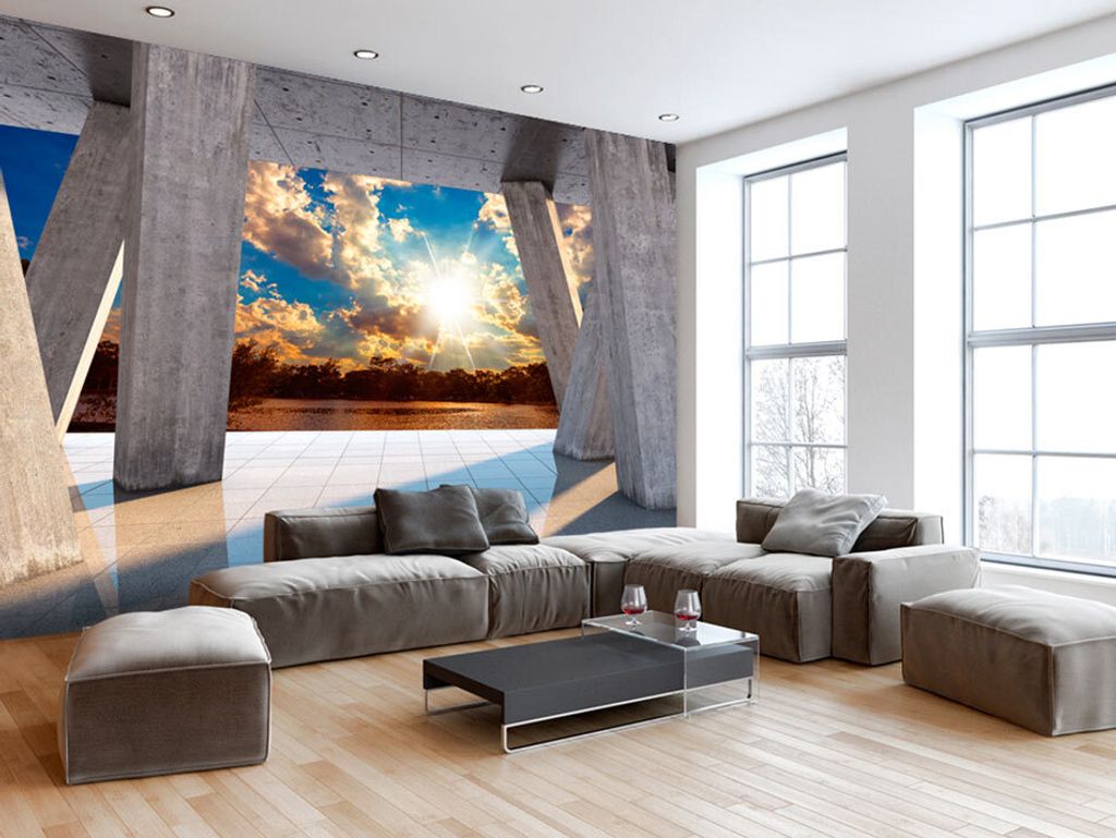 Vlies Fototapete 400x280 cm Tapeten Wandtapete XXL Natur Landschaft Beton Wolke Sonne See Architektur c-B-0079-a-c