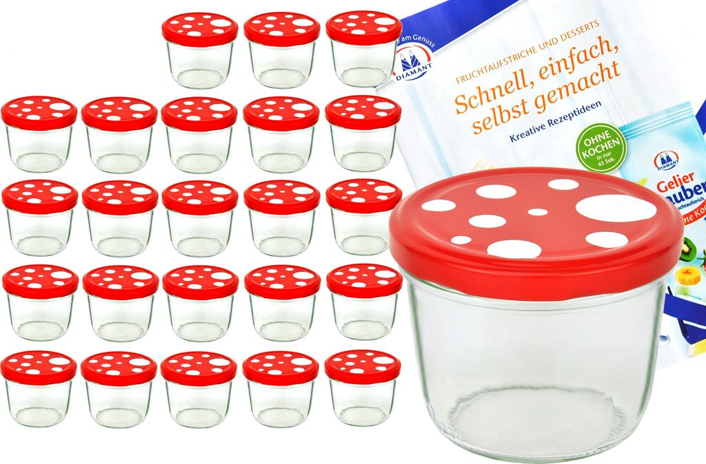 24er Set Sturzglas 230 ml To 82 Fliegenpilz Deckel rot weiß gepunktet incl. Diamant Rezeptheft