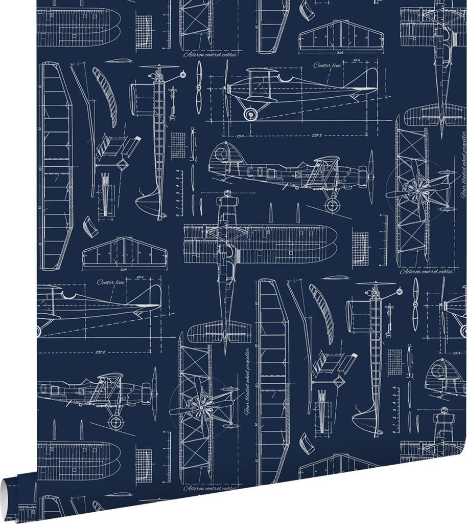 ESTAhome Tapete Kontruktionszeichnungen von Flugzeugen Dunkelblau 53 cm x 10.05 m
