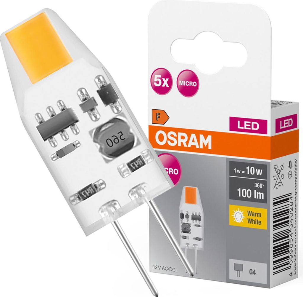 A product shot of an OSRAM LED lamp and its packaging.