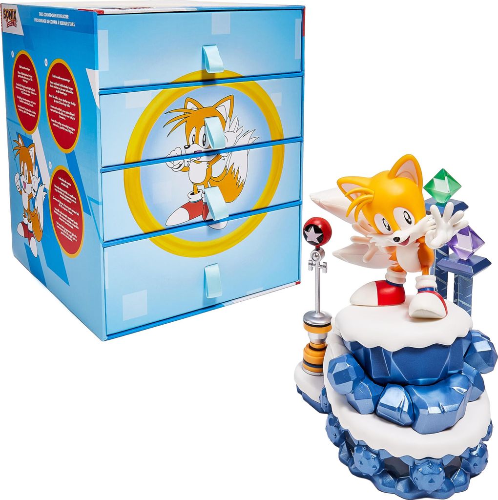 A Sonic the Hedgehog themed advent calendar box and a Tails figurine.
