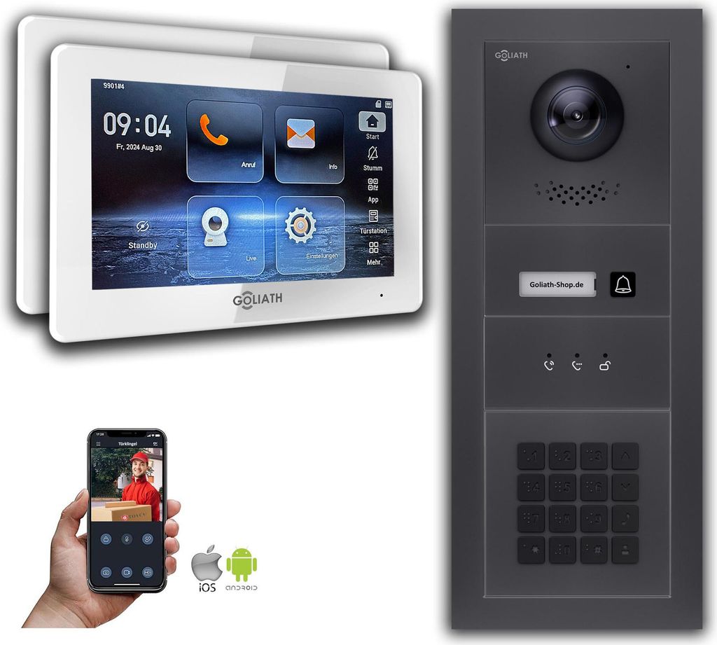 Goliath IP Video Türsprechanlage mit Kamera 7-Zoll Zahlencode Anzeige Anthrazit : 7 Zoll in Weiß : Unterputzdose : 2 Monitore Anzahl: 2 Monitore ...