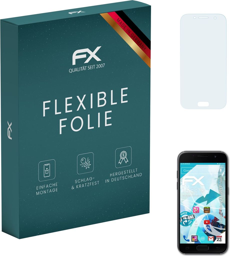 atFoliX FX-ActiFleX 3x Schutzfolie kompatibel mit Samsung Galaxy A3 (2017) Front Folie