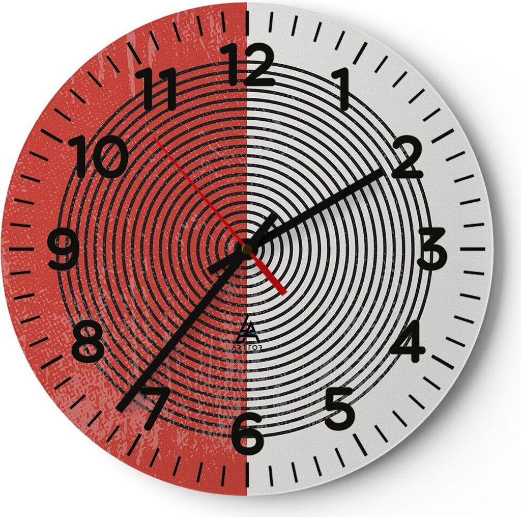 Wanduhr - Rund - Glasuhr - Abstraktion Weiß-Rot Kreise - 30x30cm - Schleichendes Uhrwerk - Lautlos - zum Aufhängen bereit - Dekoration Modern - W...