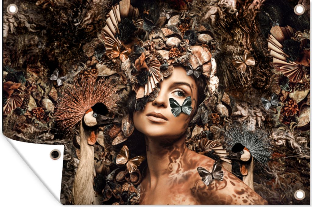 MuchoWow 90x60 cm Outdoor-Poster Gartendeko Sichtschutz Garten Poster für den Garten Luxus - Frau - Tiere - Schmetterlinge - Vögel