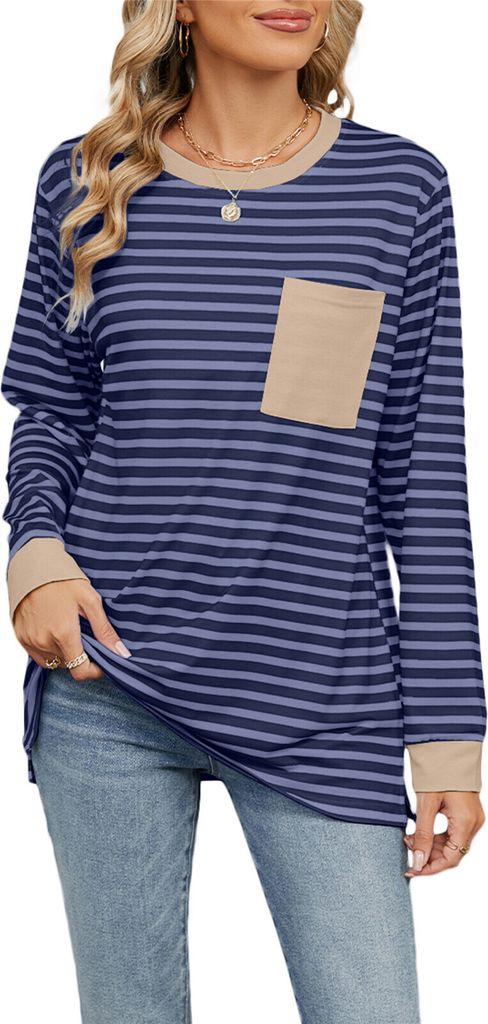 ASKSA Damen Langarm T-Shirt Gestreifte Farbblock Rundhals Bluse Elegant Herbst Y2K Oberteile mit Taschen (Dunkelblau,S)