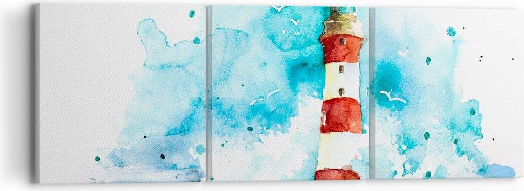 Bild auf Leinwand - Leinwandbild - Leuchtturm Wasser Illustration Welle - 90x30cm - Wand Bild - Wanddeko - Leinwanddruck - Bilder - Kunstdruck - Le...