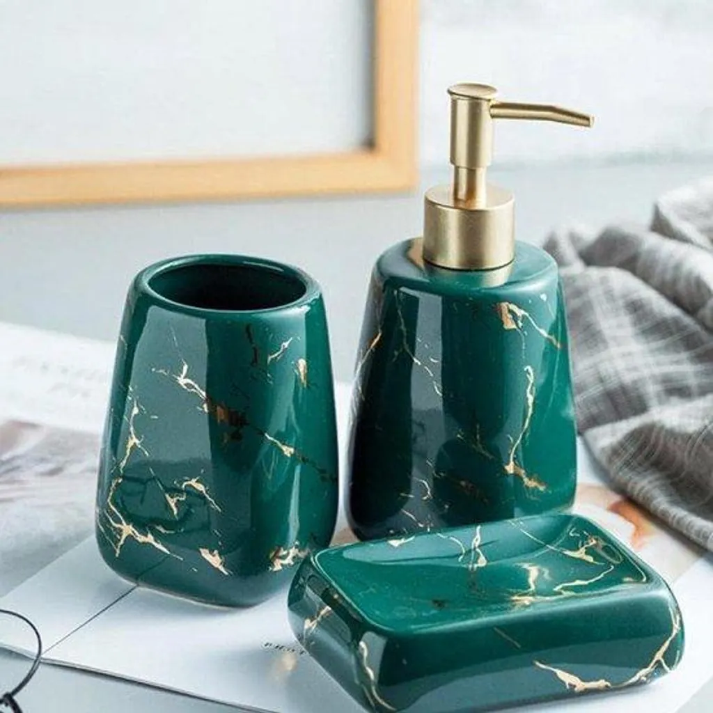 Set de bain en céramique luxe aspect marbre vert foncé motif moderne