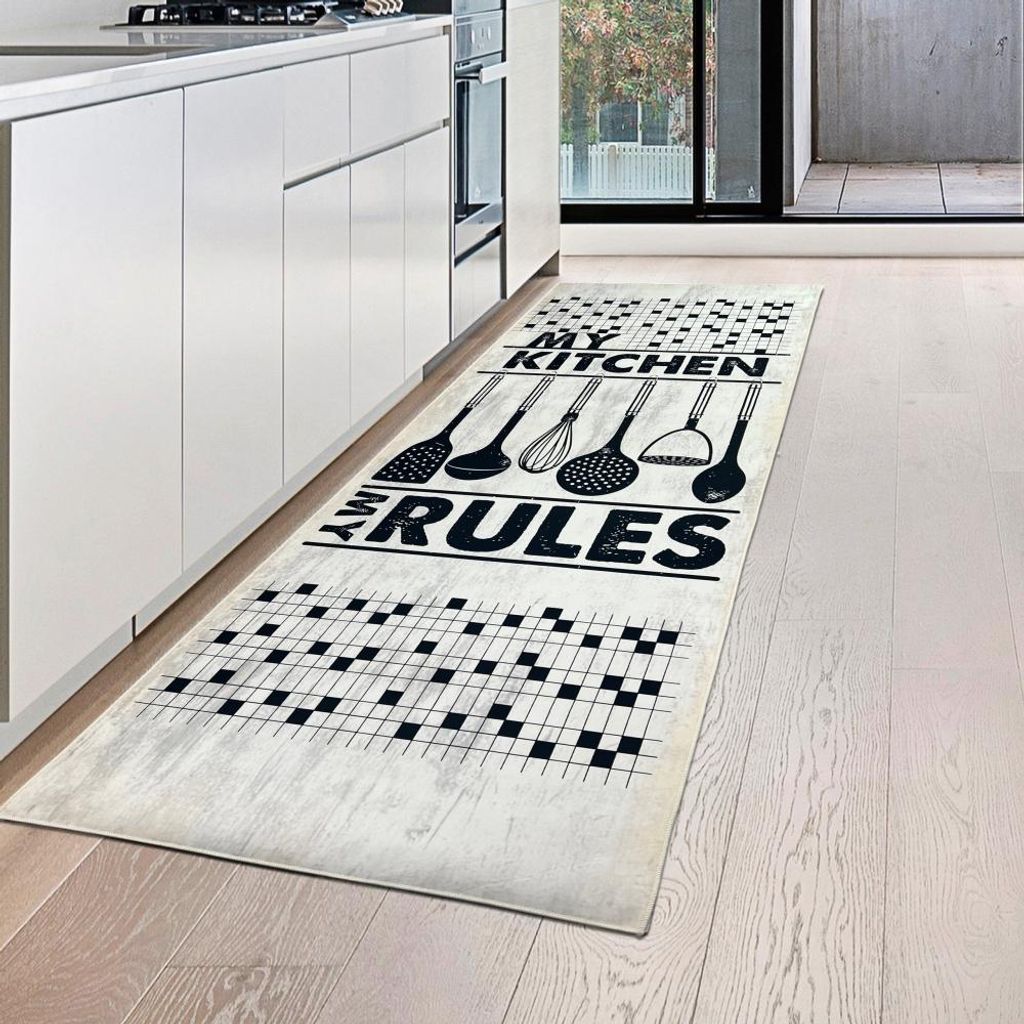 Tappeto da cucina lavabile con utensili da cucina e scritte Immagine del prodotto 