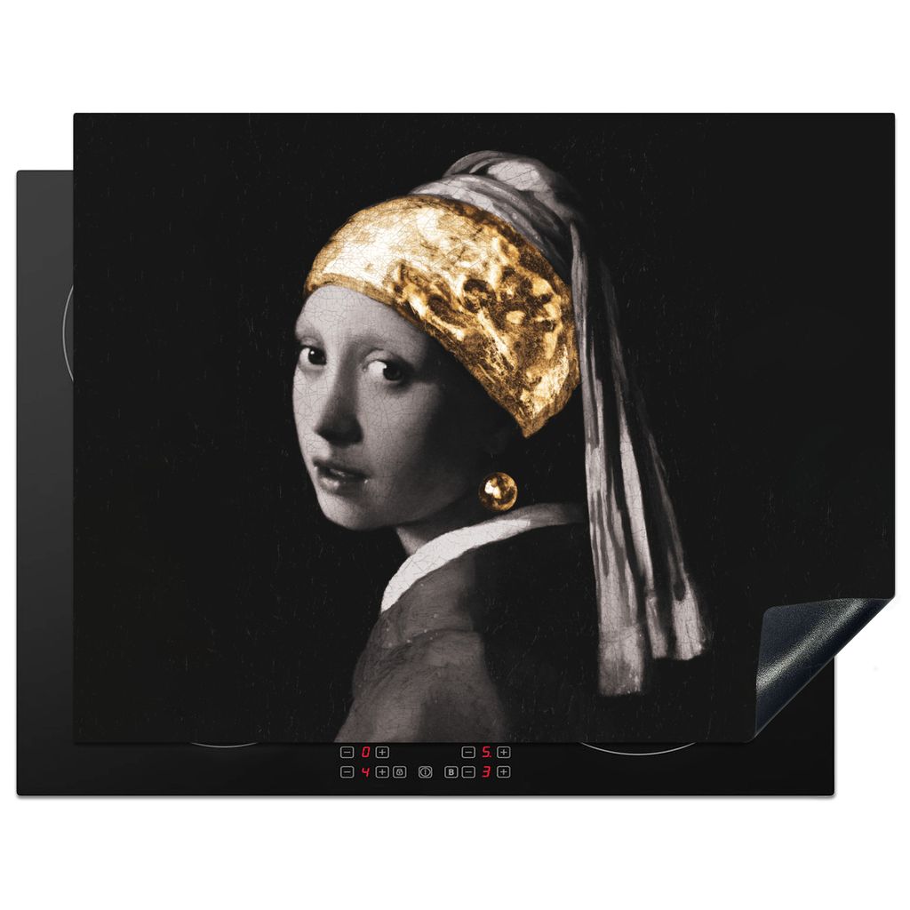 KitchenYeah Herdabdeckplatte Mädchen mit Perlenohrring - Vermeer - Schwarz - Weiß - Gold , 77x59cm, Küche Deko, Glaskeramikkochfeld Herdabdeck...