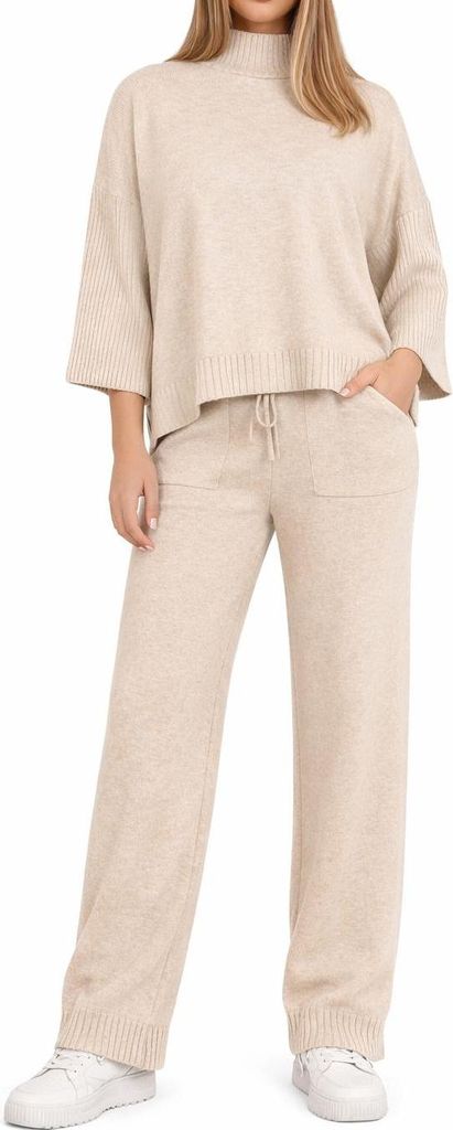 412 Strickset Damen Hose und Oberteil, Bequemer Loungewear Anzug im Relaxed Fit Creme