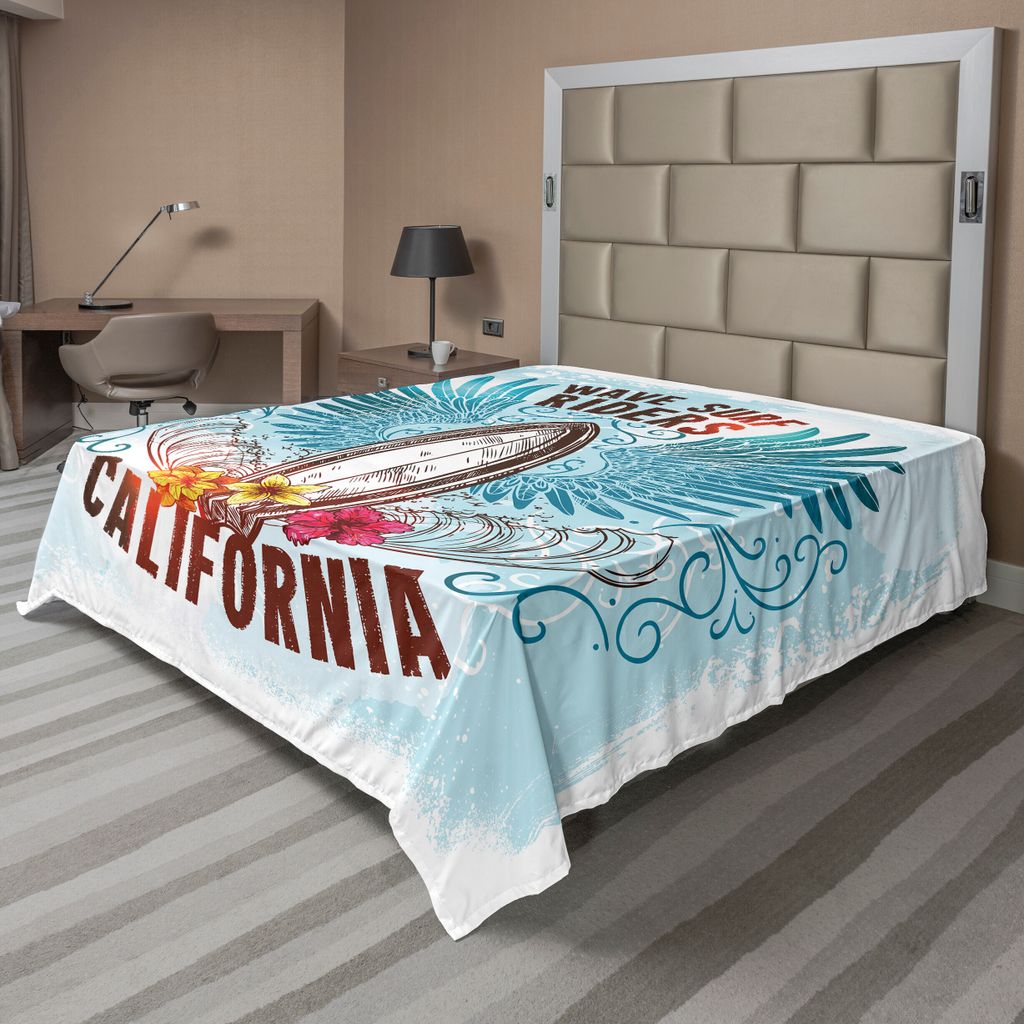 ABAKUHAUS Surfen Bettlaken, Board Label Mit Sketch Flowers Flügel Wave Riders e Fliegende Vogel Kunst Bild Work, weiches bequemes oberes Bettlaken...