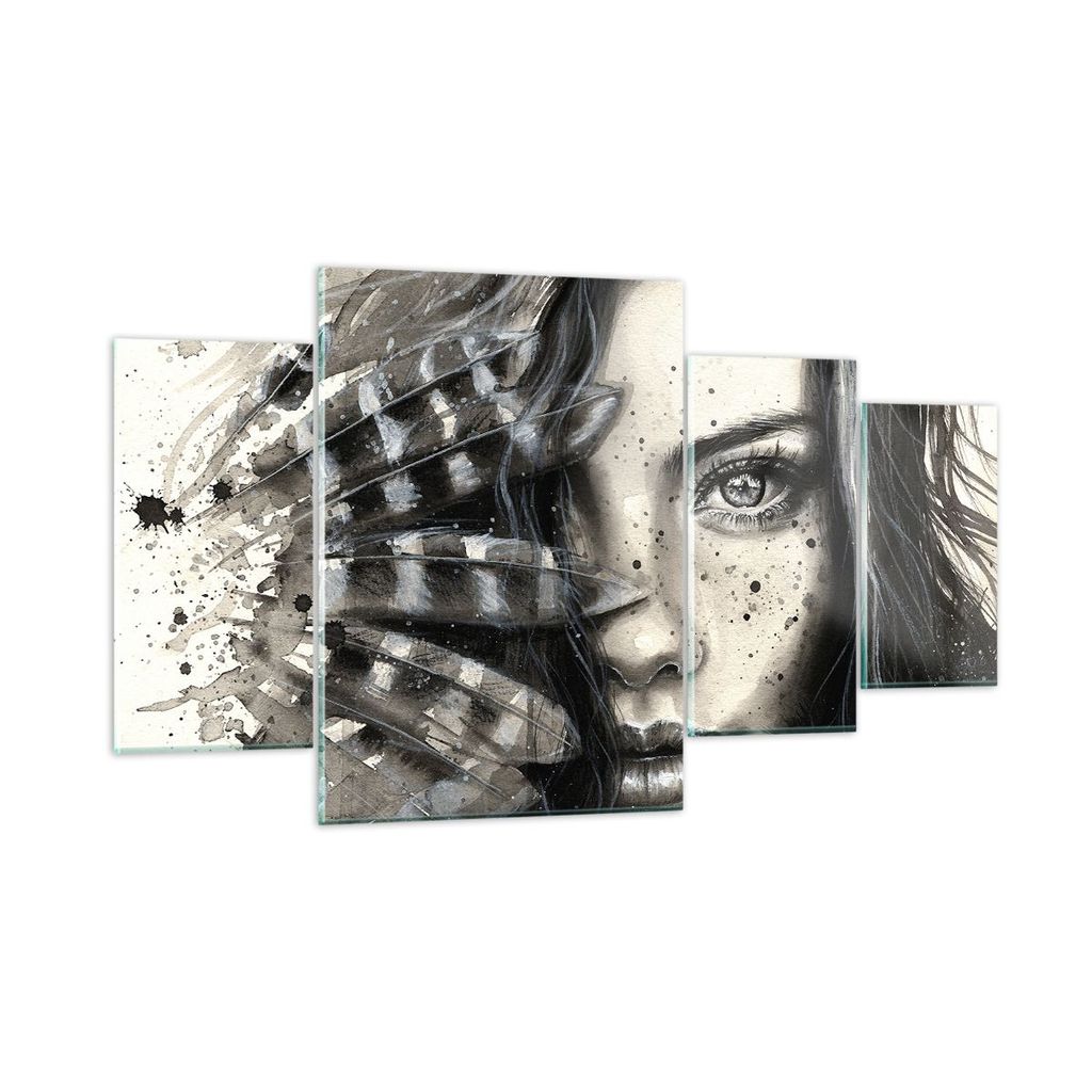 Bilder auf glas - Frau Federn Lippen Kunst. - 160x90cm - Glasbilder - Wandbilder - Kunstdruck - zum Aufhängen bereit - Wanddekoration aus Glas - G...