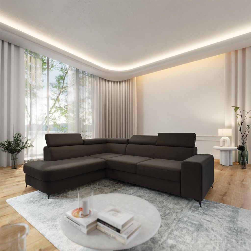 Masseno Ecksofa ALVORO L-S mit Schlaffunktion L-Form, Sofa mit Bettkasten, Wohnzimmersofa, Couch, Soffa, Bettsofa, Couchgarnitur- Braun, MATT VELVE...