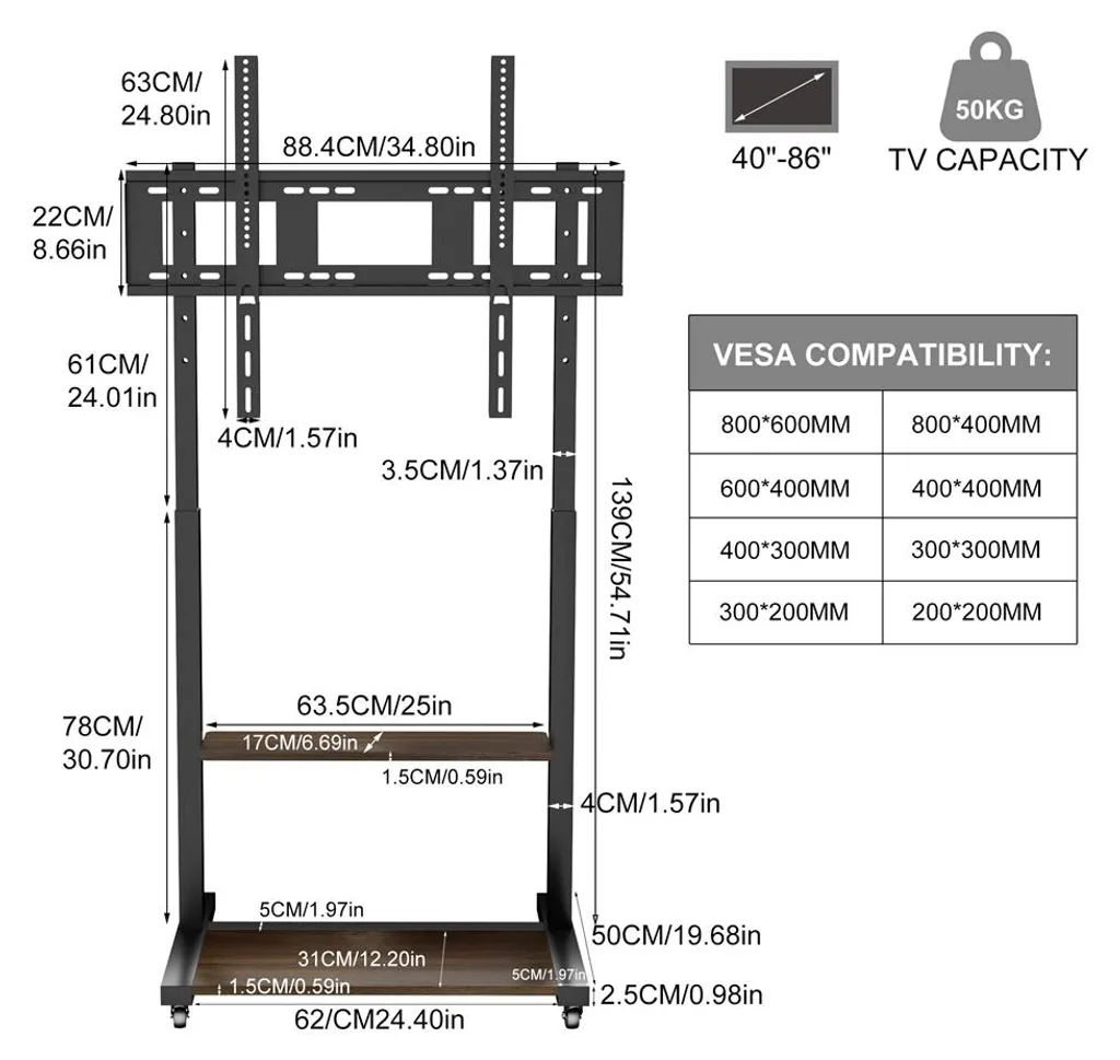 Meuble support TV sur pied réglable avec double tablette noire Série V