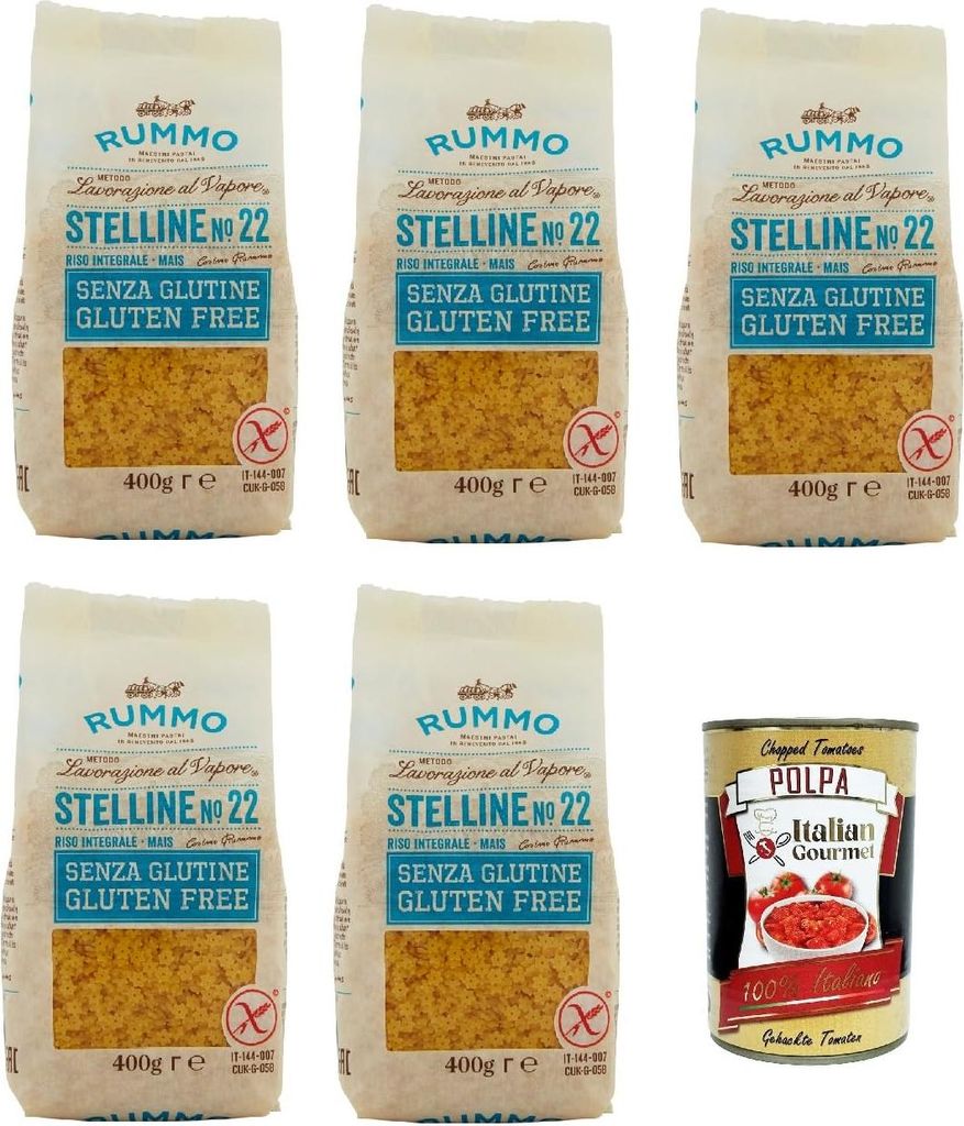 Rummo Pasta Stelline N° 22 senza Glutine, gluten free, 100% italienische Pasta nudeln glutenfrei 5x 400g + Italian Gourmet polpa 400g