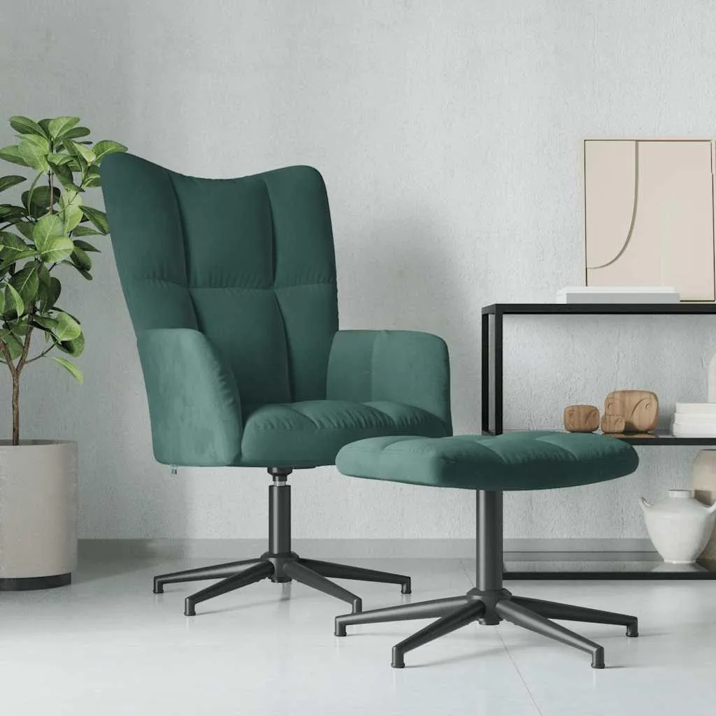 vidaXL Poltrona relax con sgabello in velluto verde scuro