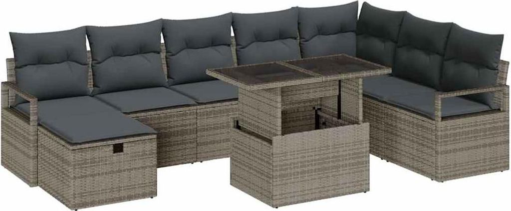 vidaXL Garten-Sofa-Set mit Kissen mit Speicher 9 pcs Grau Poly Rattan